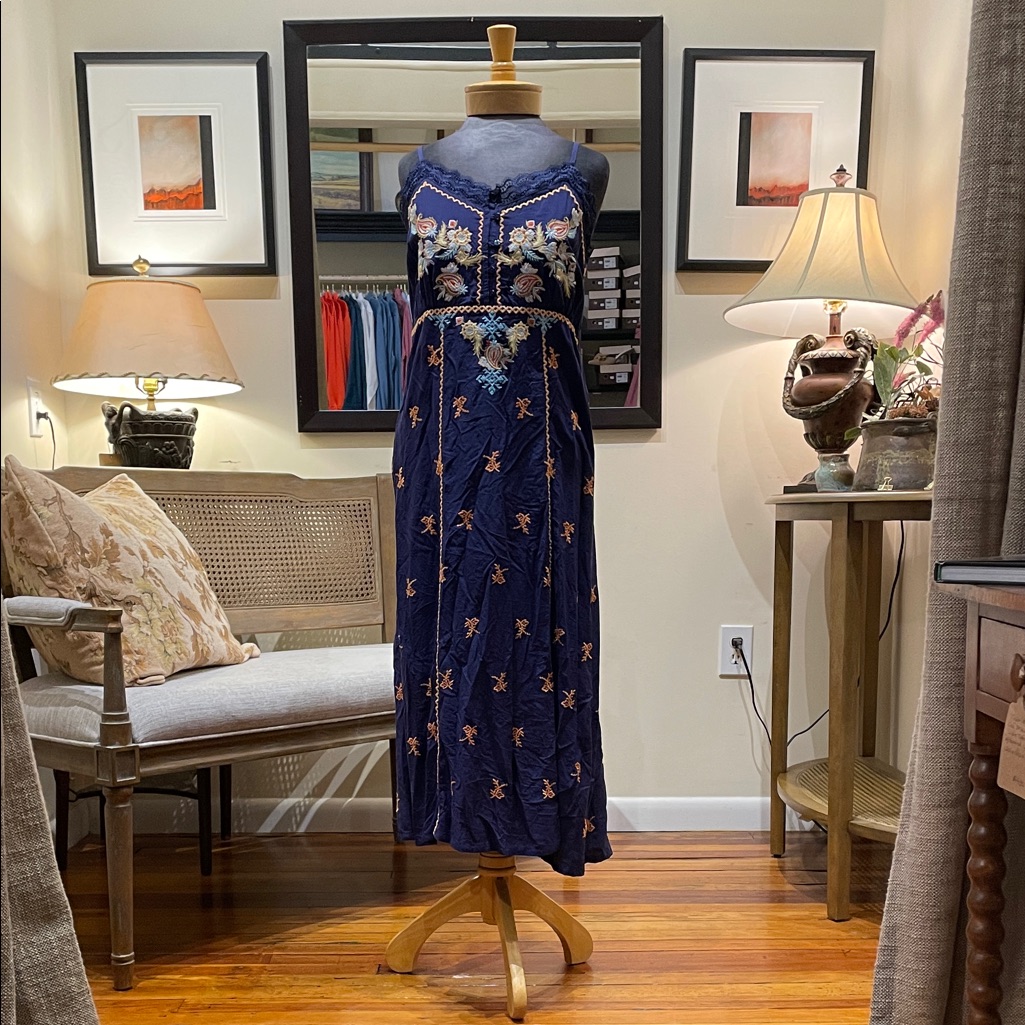 Paparazzi Blue Embroidered Midi Dress With Multi-Color Floral Accents